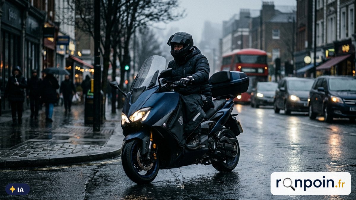 Scootériste équipé d'un tablier roulant sur une rue mouillée un matin d'hiver — illustration générée par IA
