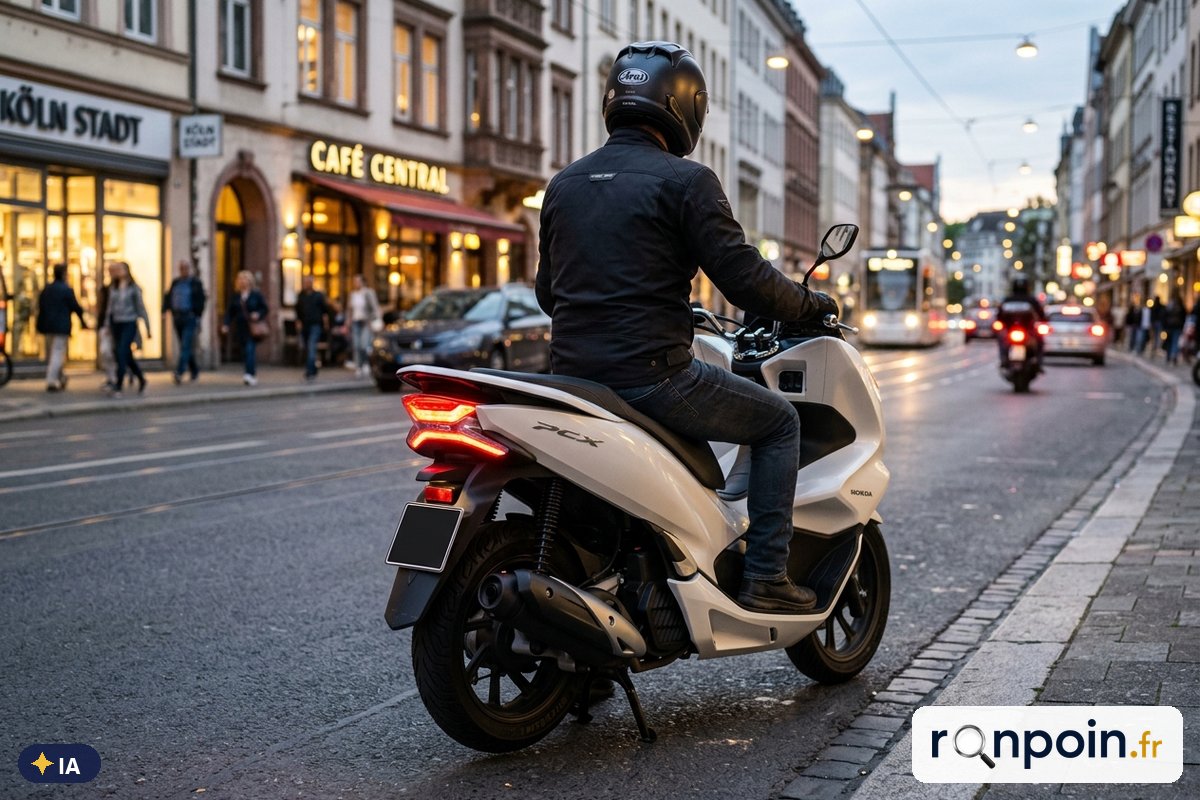 Honda PCX 125 blanc de trois quarts arrière — illustration générée par IA