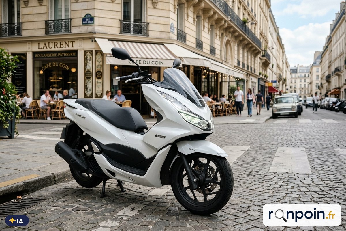 Image générée par intelligence artificielle Honda PCX 125 blanc de trois quarts avant — illustration générée par IA
