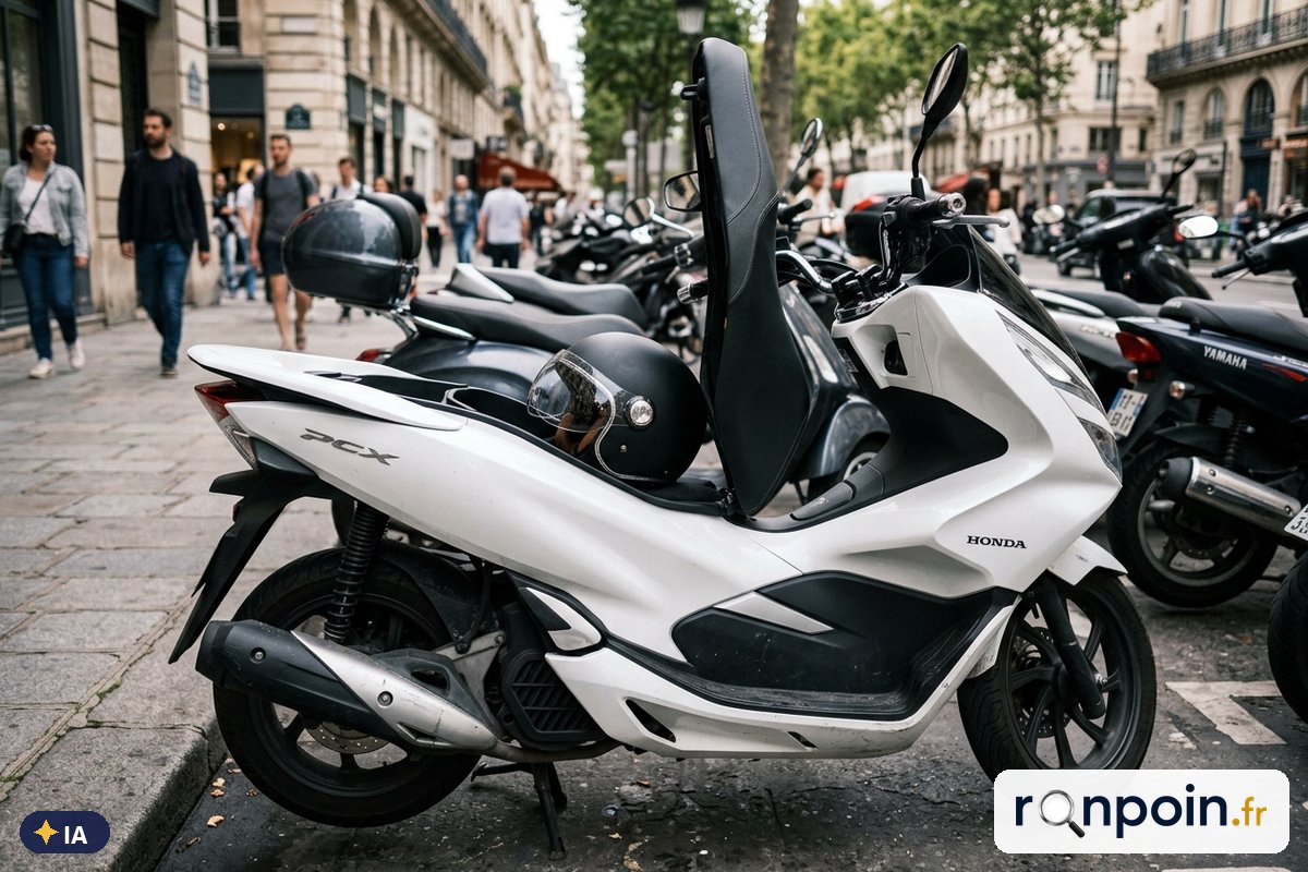 Coffre sous la selle d'un Honda PCX 125 avec un casque jet — illustration générée par IA