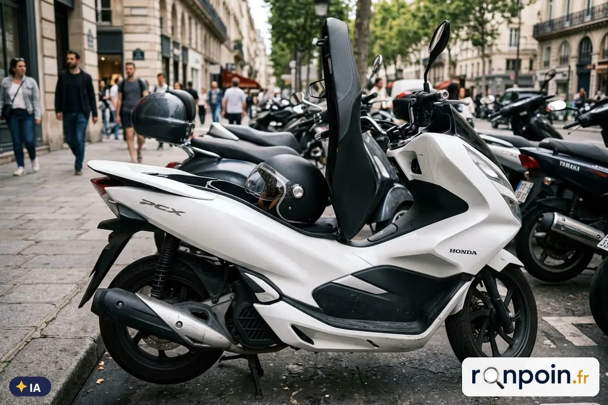 Coffre sous la selle d'un Honda PCX 125 avec un casque jet — illustration générée par IA