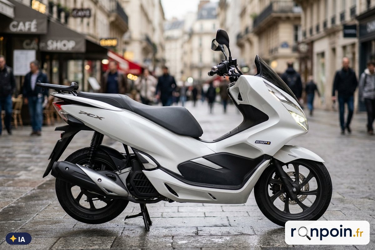 Honda PCX 125 blanc de profil — illustration générée par IA