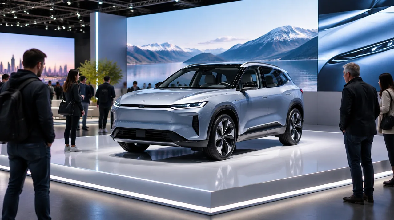 SUV électrique exposé sur un podium lumineux de salon, entouré de visiteurs