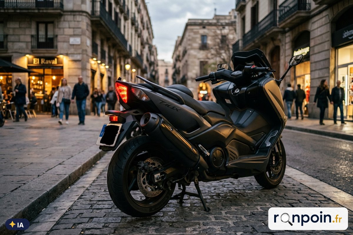 Yamaha TMAX gris mat de trois quarts arrière — illustration générée par IA
