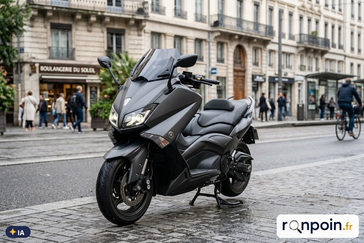 Image générée par intelligence artificielle Yamaha TMAX gris mat de trois quarts avant dans une rue de ville — illustration générée par IA