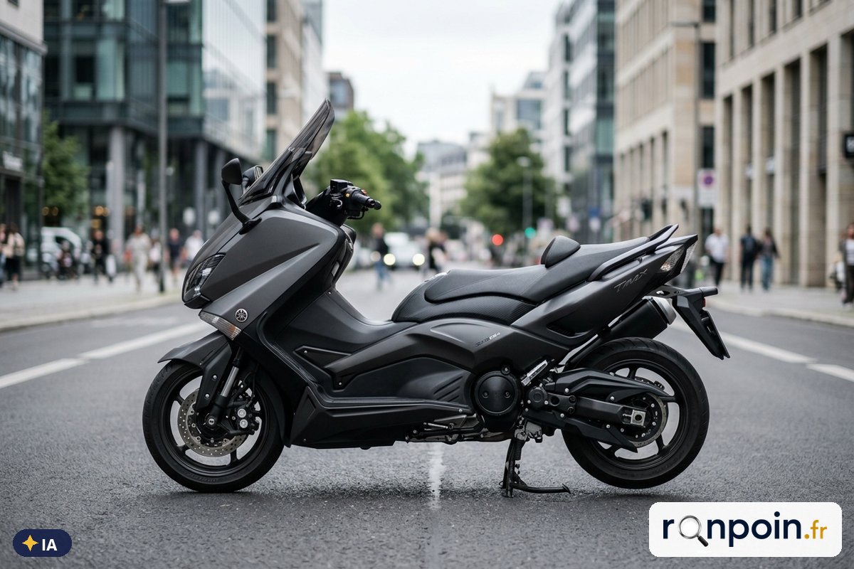 Yamaha TMAX gris mat de profil — illustration générée par IA