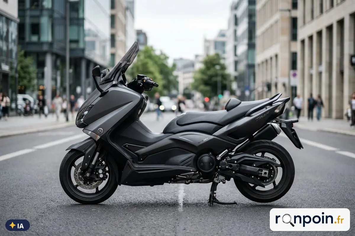 Yamaha TMAX gris mat de profil — illustration générée par IA